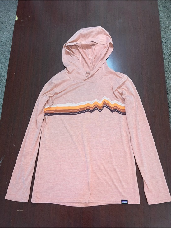 Patagonia Tops - Patagonia Pink/Orange Hooded Long Sleeve with Multi-Stripe Wave